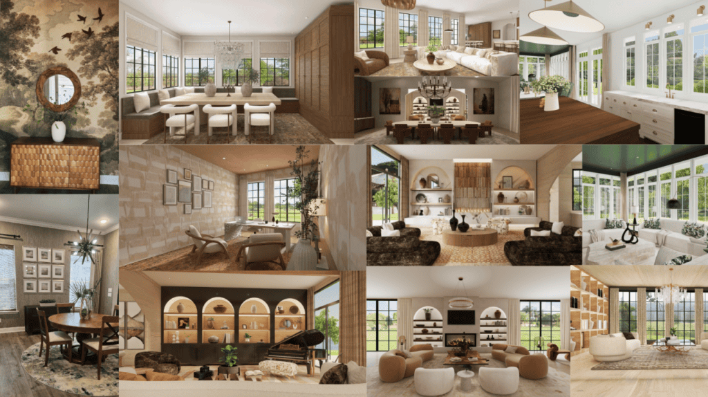 Photo collage of nine interior design projects by Linen & Earth Interior Design — living rooms, dining areas, and arched hallways in warm neutral tones with natural light — beside the credit for Melonie Madzel, Founder & Principal Designer
