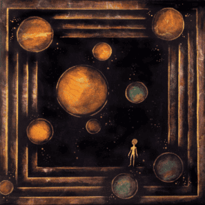 Framed painting of nine glowing orange and teal planet-like orbs arranged in a dark starfield within an ornate bronze geometric border, with a small silhouetted figure standing before it — the sample artwork used for the Technical Provenance™ certification example