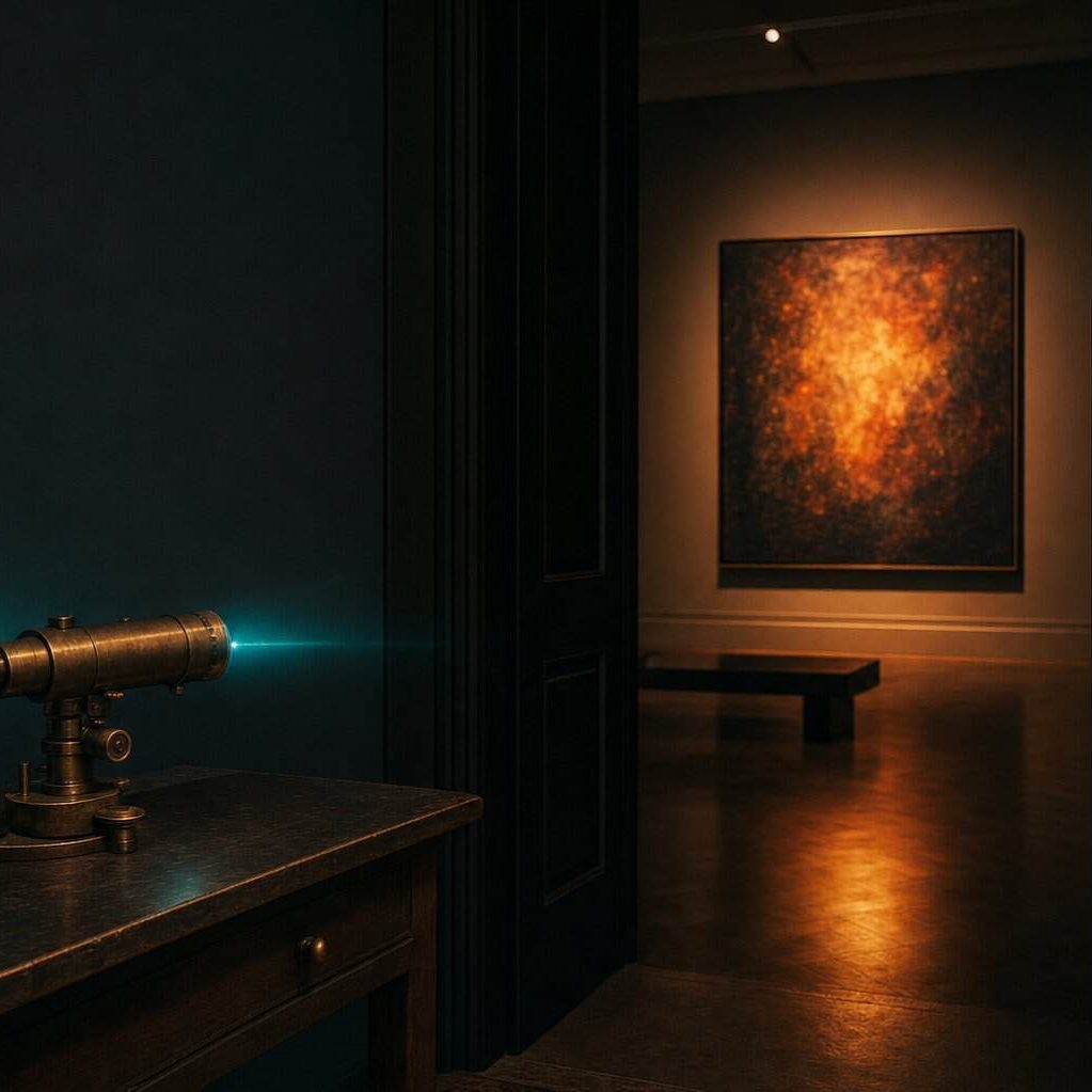 A vintage brass optical instrument beams light through a doorway toward an illuminated amber abstract painting, symbolizing Transmuting ART's forensic art authentication background and Technical Provenance™ methodology
